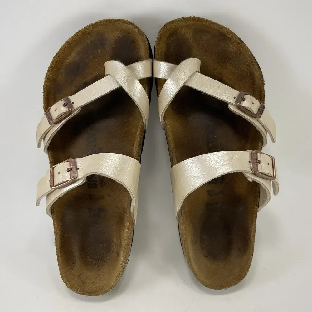 Birkenstock Mayari Strappy Metallic Pearly Sandals Womens 37, 6-6.5 Toe Loop